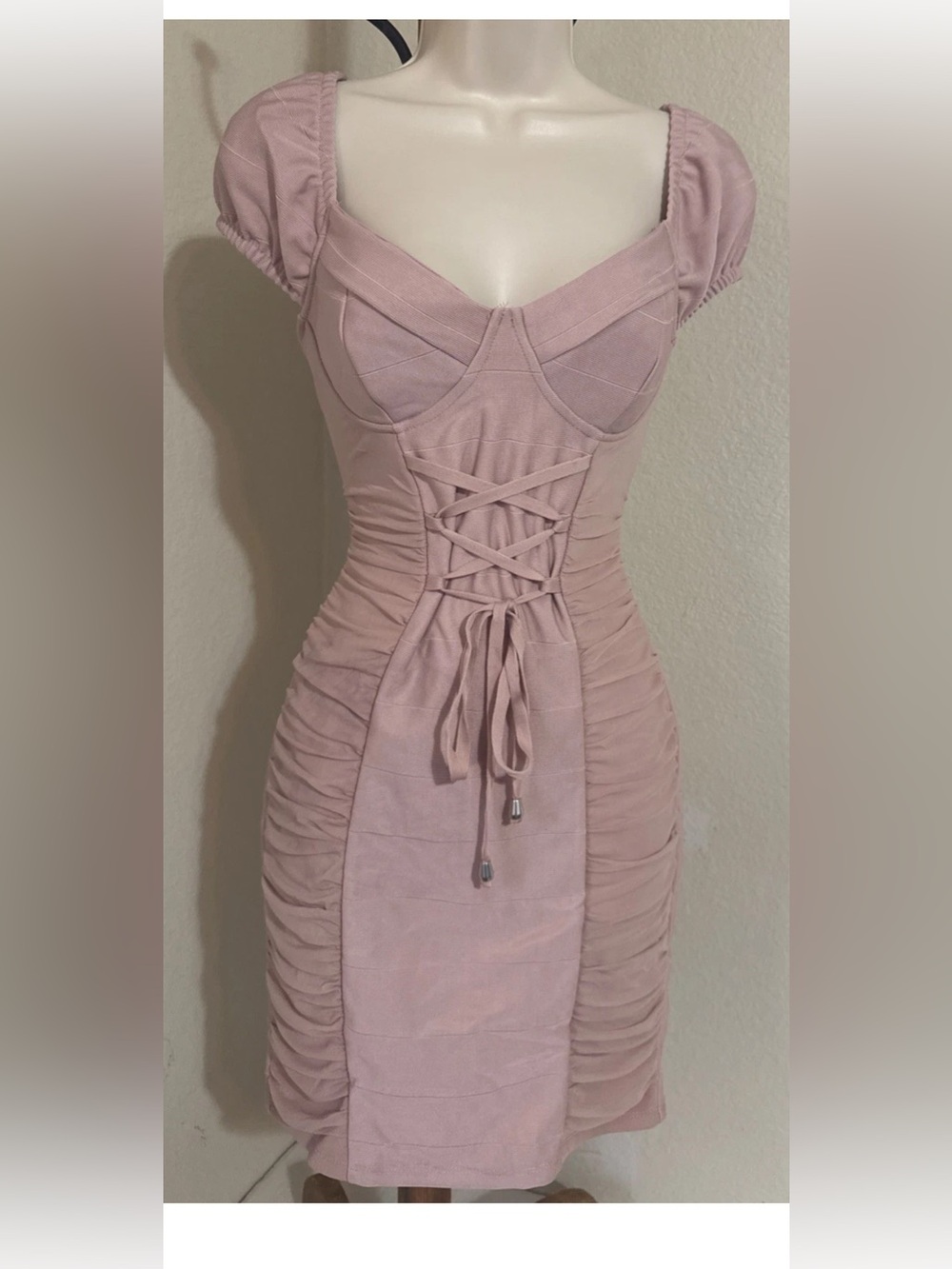 Fitted Lace-Up Puff Sleeve Dress in Blush Pink